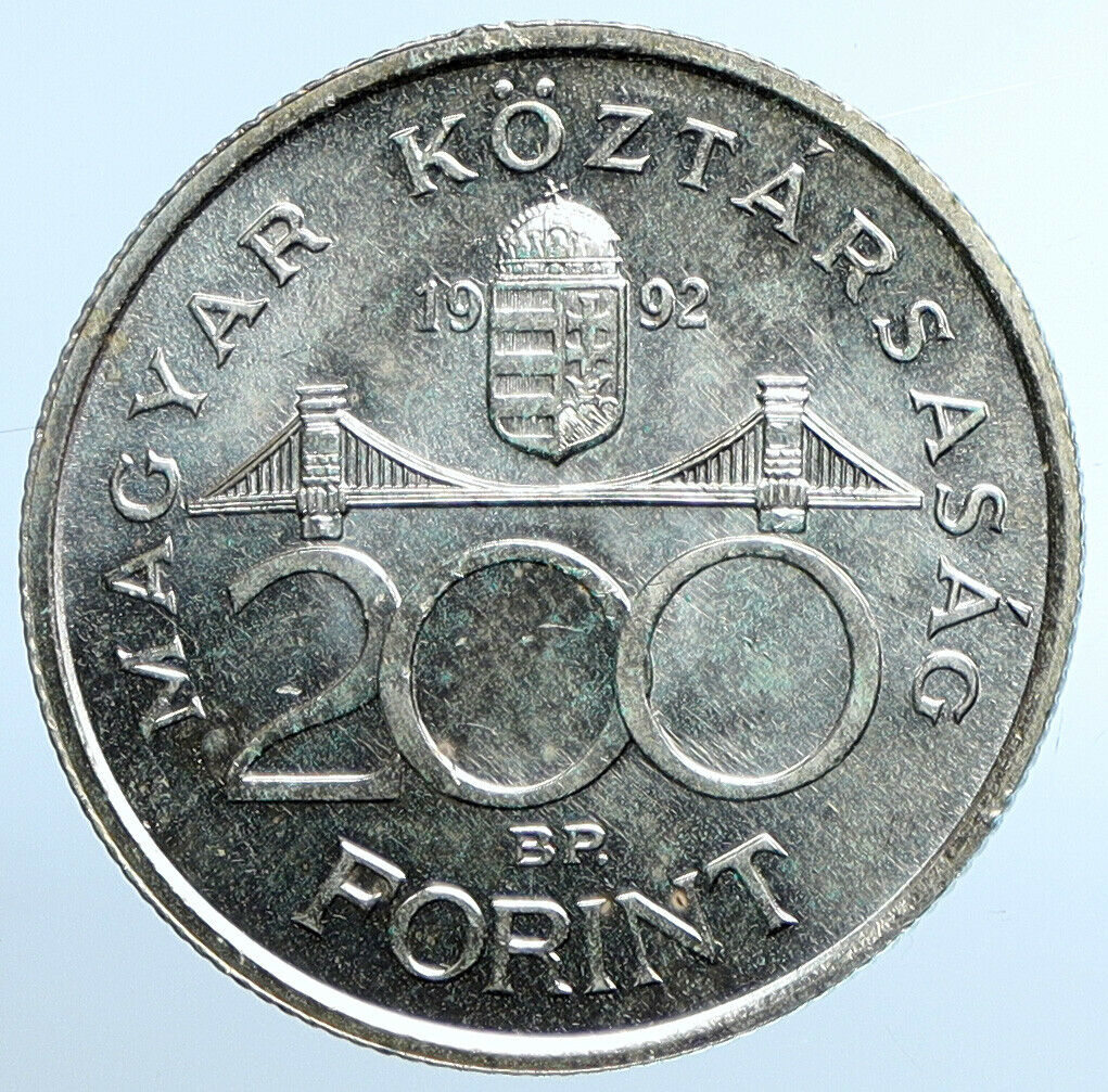 1992 HUNGARY National Bank OLD Ersebet Bridge Silver 200 Forint Coin i109848