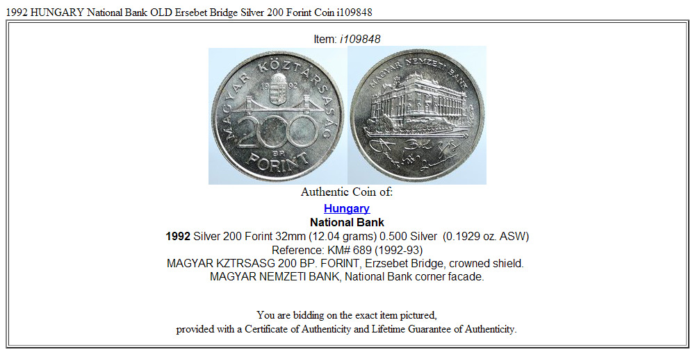 1992 HUNGARY National Bank OLD Ersebet Bridge Silver 200 Forint Coin i109848