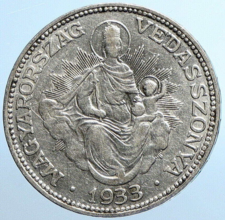 1933 HUNGARY Miklós Horthy MADONNA CHILD Antique OLD Silver 2 Pengo Coin i109830