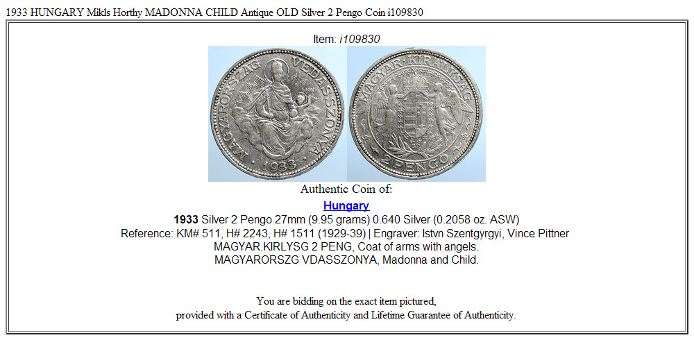 1933 HUNGARY Miklós Horthy MADONNA CHILD Antique OLD Silver 2 Pengo Coin i109830