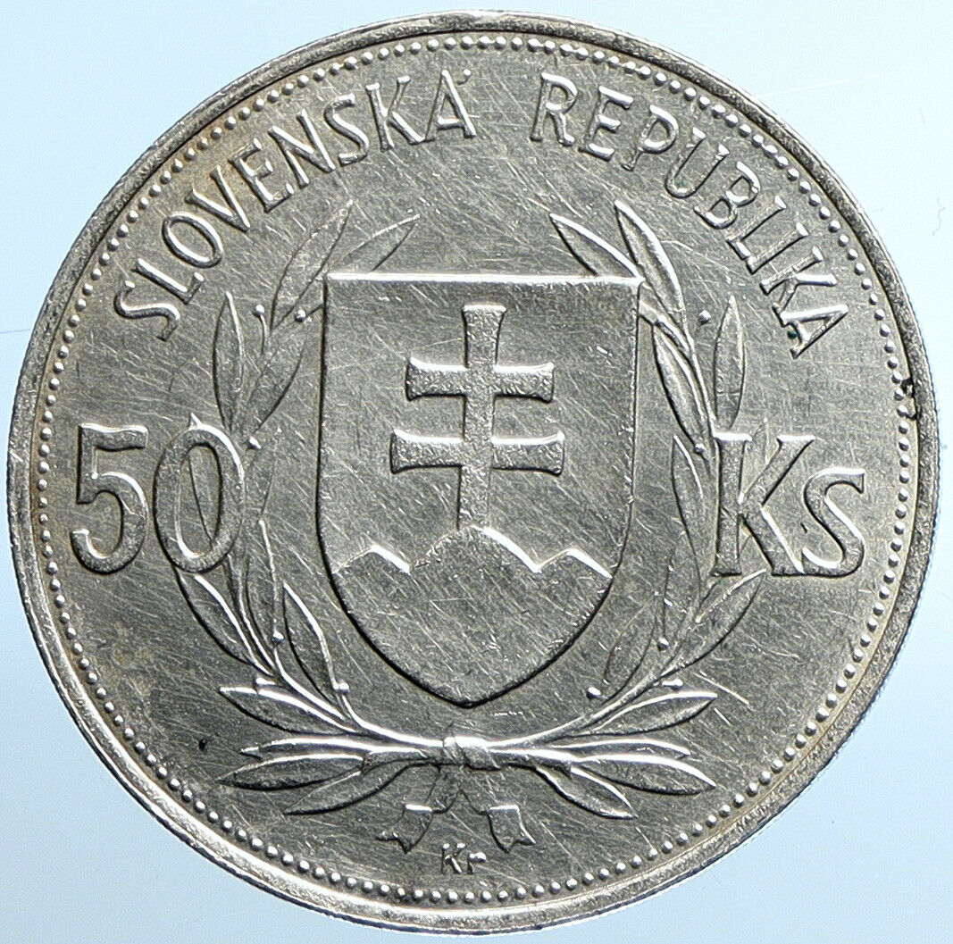 1944 SLOVAKIA REPUBLIC Jozef Tiso VINTAGE Silver 50 Korun Slovakian Coin i109866