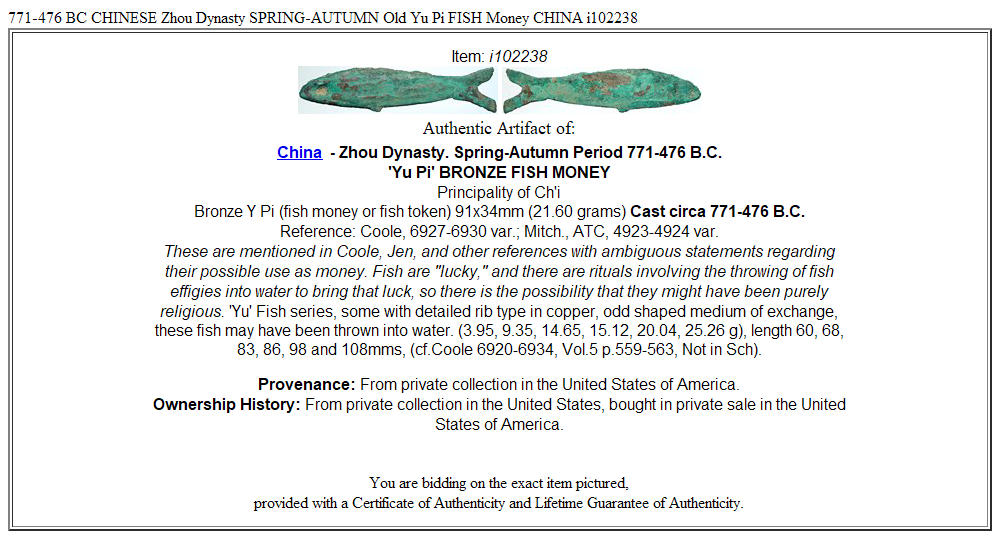 771-476 BC CHINESE Zhou Dynasty SPRING-AUTUMN Old Yu Pi FISH Money CHINA i102238