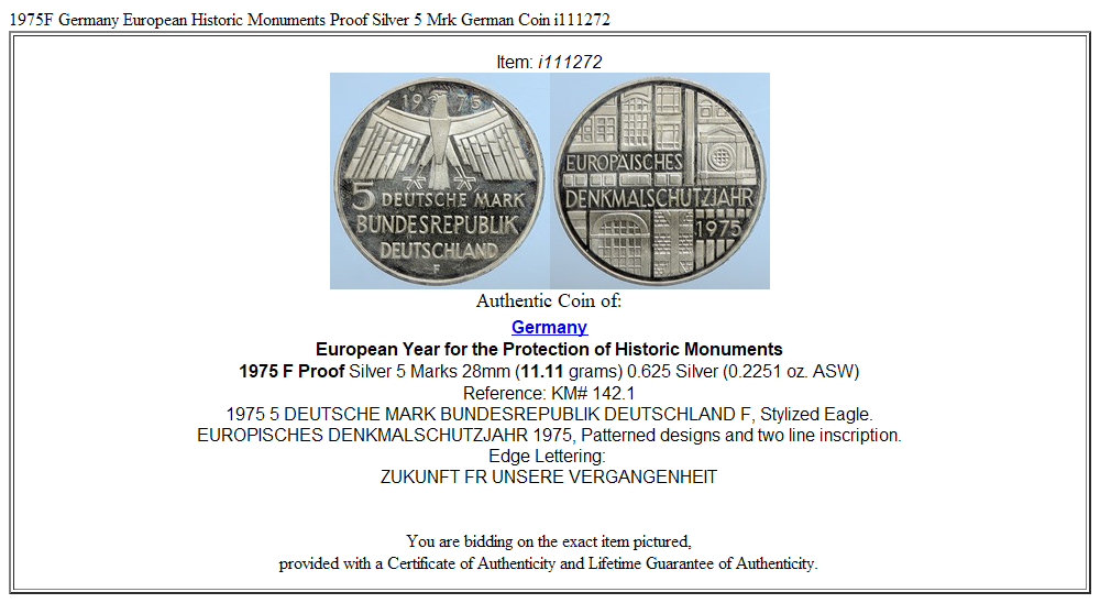 1975F Germany European Historic Monuments Proof Silver 5 Mrk German Coin i111272