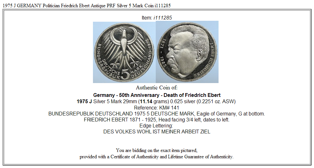 1975 J GERMANY Politician Friedrich Ebert Antique PRF Silver 5 Mark Coin i111285