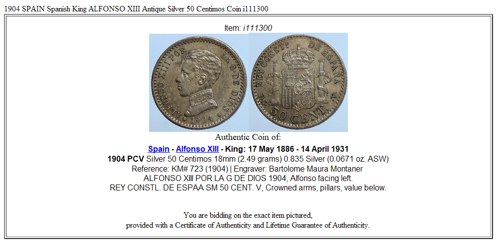 1904 SPAIN Spanish King ALFONSO XIII Antique Silver 50 Centimos Coin i111300