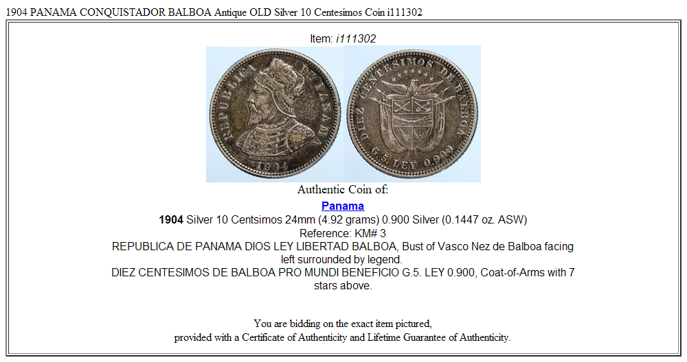 1904 PANAMA CONQUISTADOR BALBOA Antique OLD Silver 10 Centesimos Coin i111302