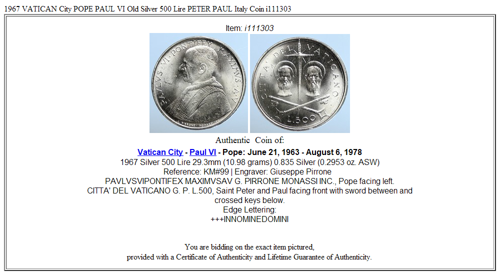 1967 VATICAN City POPE PAUL VI Old Silver 500 Lire PETER PAUL Italy Coin i111303