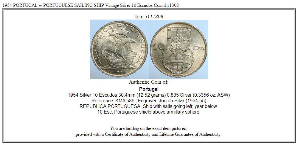 1954 PORTUGAL w PORTUGUESE SAILING SHIP Vintage Silver 10 Escudos Coin i111308