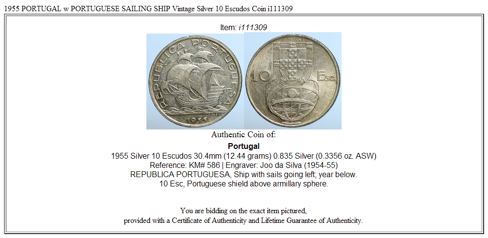 1955 PORTUGAL w PORTUGUESE SAILING SHIP Vintage Silver 10 Escudos Coin i111309