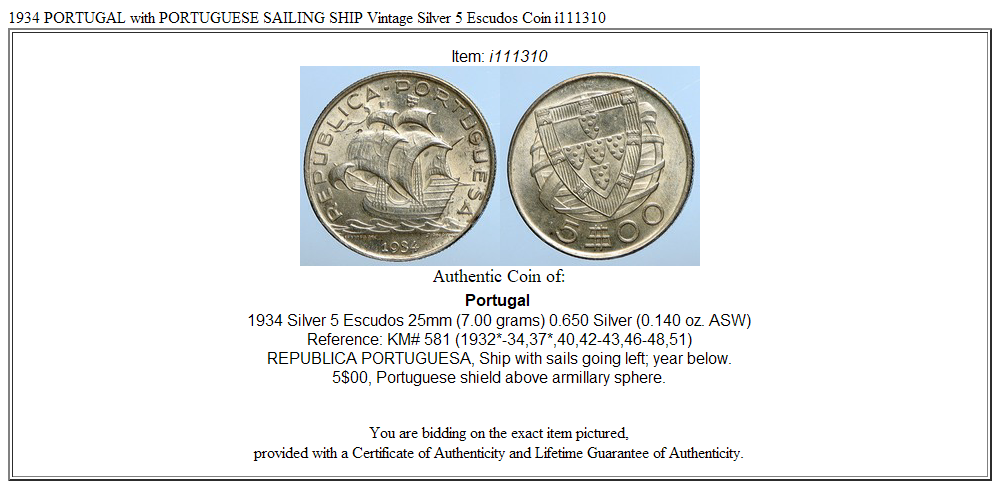 1934 PORTUGAL with PORTUGUESE SAILING SHIP Vintage Silver 5 Escudos Coin i111310