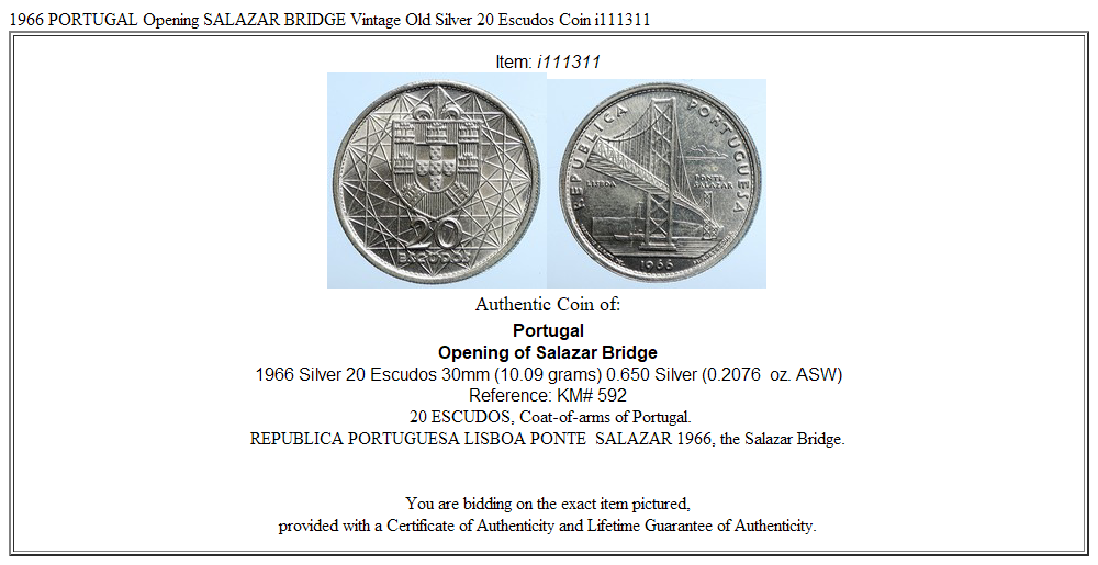 1966 PORTUGAL Opening SALAZAR BRIDGE Vintage Old Silver 20 Escudos Coin i111311