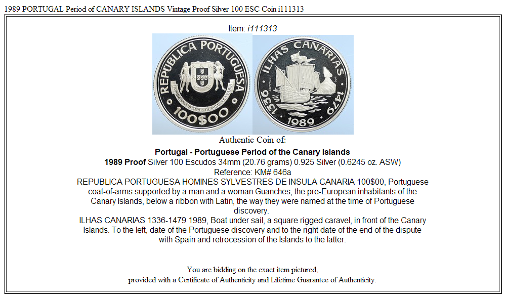 1989 PORTUGAL Period of CANARY ISLANDS Vintage Proof Silver 100 ESC Coin i111313