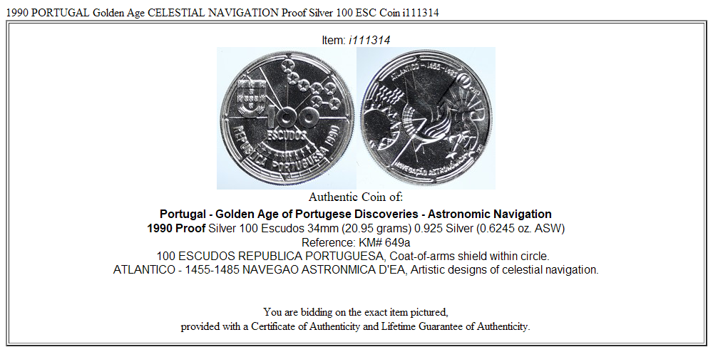 1990 PORTUGAL Golden Age CELESTIAL NAVIGATION Proof Silver 100 ESC Coin i111314