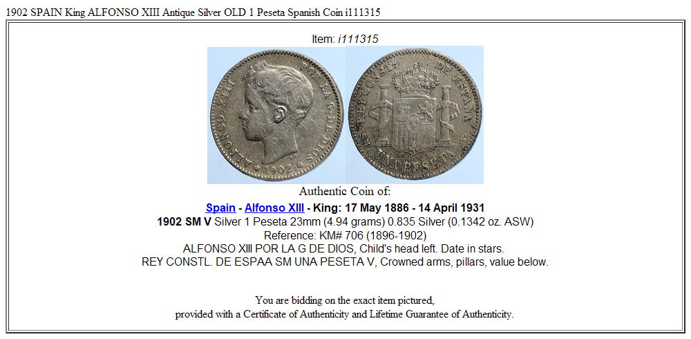 1902 SPAIN King ALFONSO XIII Antique Silver OLD 1 Peseta Spanish Coin i111315