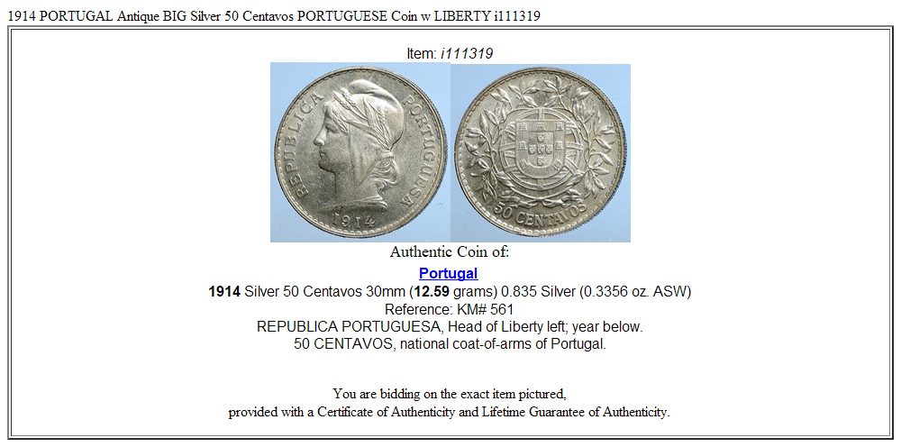 1914 PORTUGAL Antique BIG Silver 50 Centavos PORTUGUESE Coin w LIBERTY i111319