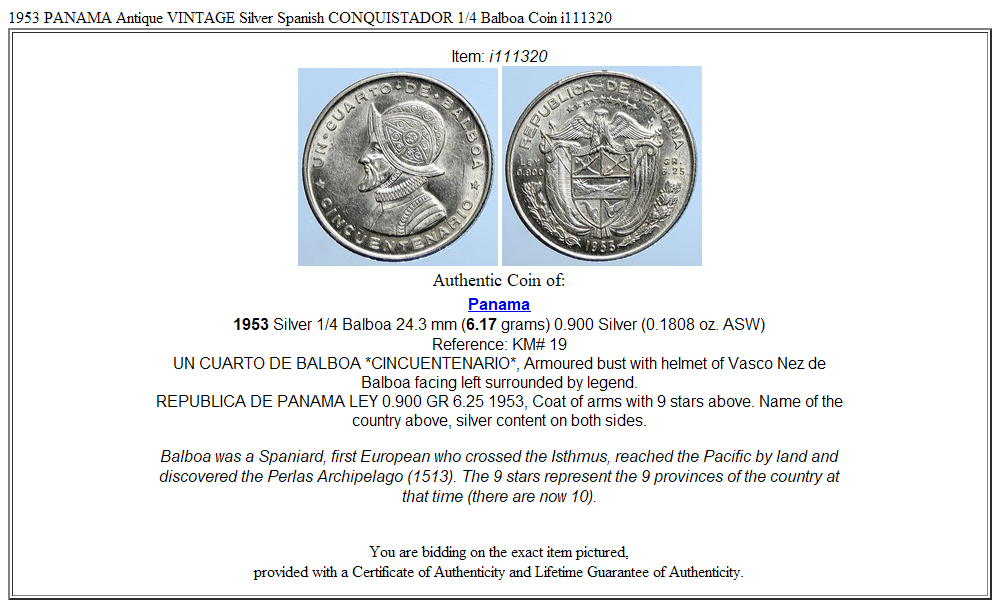 1953 PANAMA Antique VINTAGE Silver Spanish CONQUISTADOR 1/4 Balboa Coin i111320