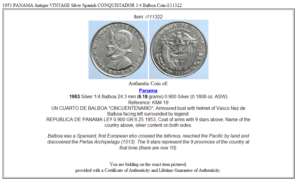 1953 PANAMA Antique VINTAGE Silver Spanish CONQUISTADOR 1/4 Balboa Coin i111322