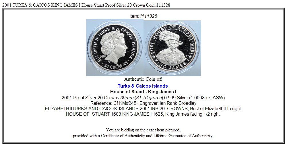 2001 TURKS & CAICOS KING JAMES I House Stuart Proof Silver 20 Crown Coin i111328