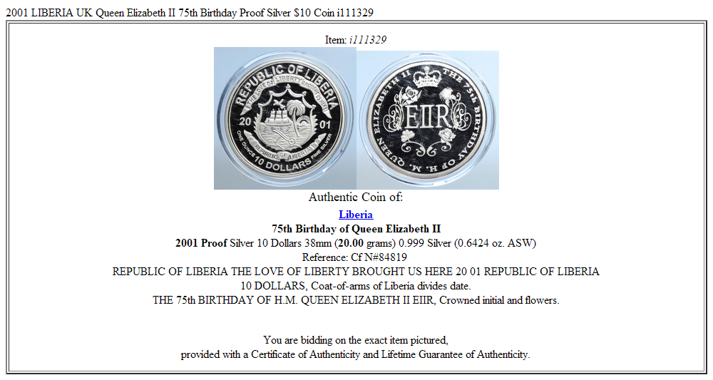 2001 LIBERIA UK Queen Elizabeth II 75th Birthday Proof Silver $10 Coin i111329