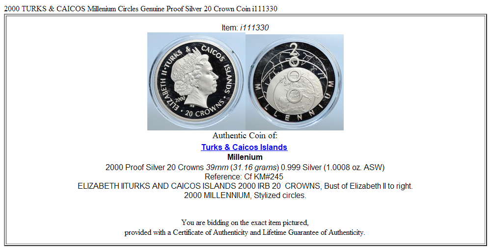 2000 TURKS & CAICOS Millenium Circles Genuine Proof Silver 20 Crown Coin i111330