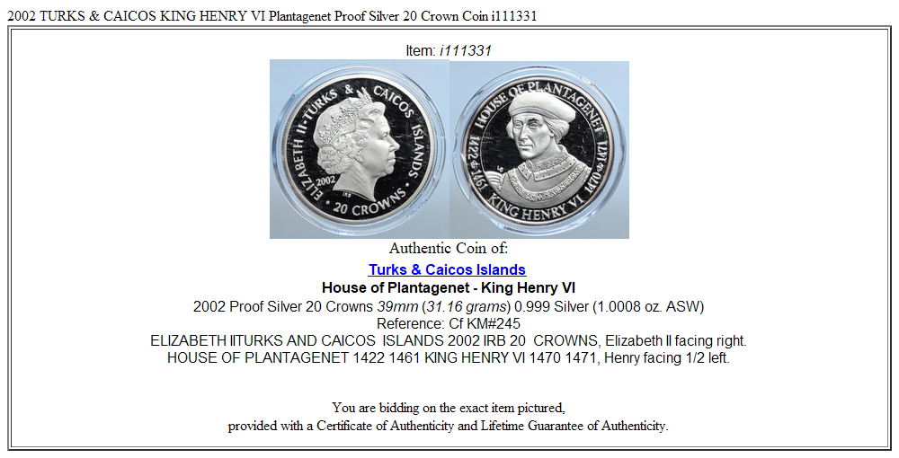 2002 TURKS & CAICOS KING HENRY VI Plantagenet Proof Silver 20 Crown Coin i111331