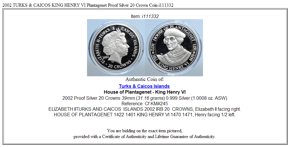 2002 TURKS & CAICOS KING HENRY VI Plantagenet Proof Silver 20 Crown Coin i111332