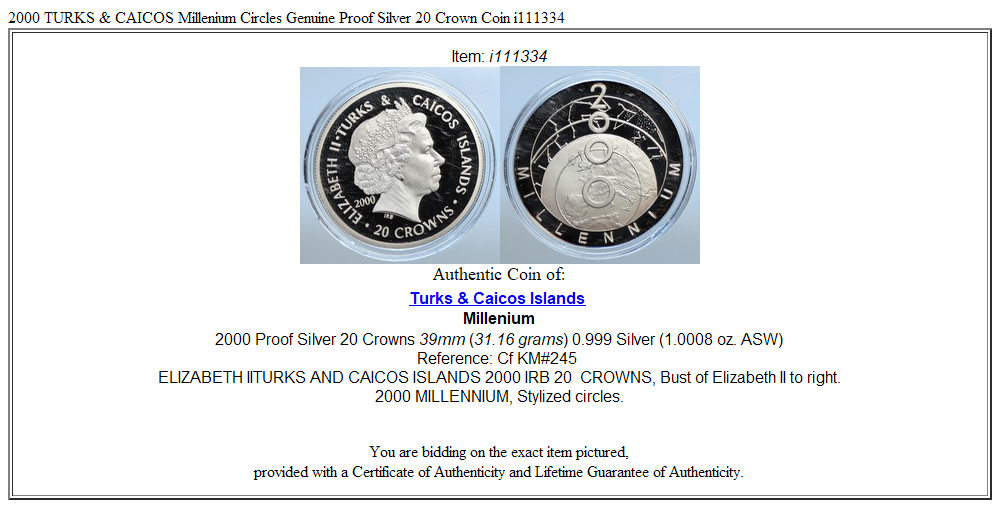 2000 TURKS & CAICOS Millenium Circles Genuine Proof Silver 20 Crown Coin i111334