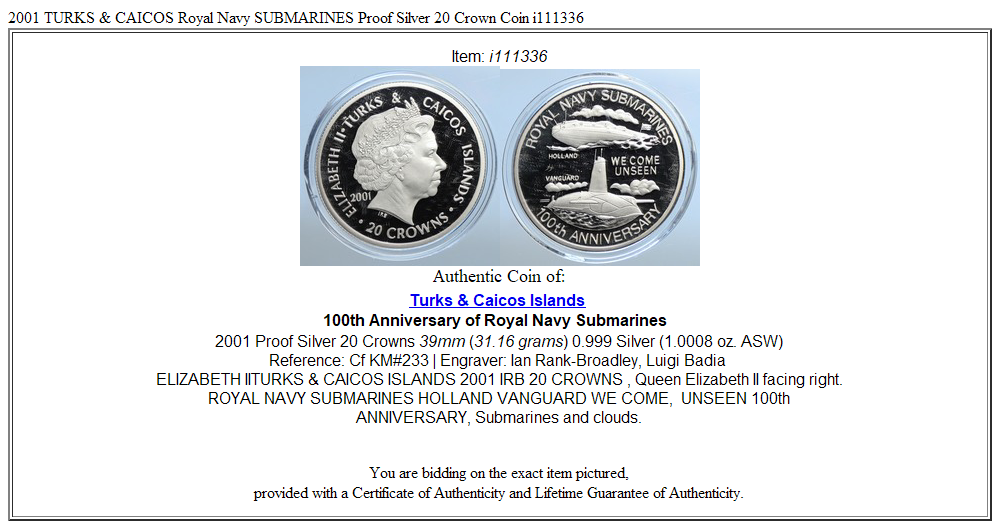 2001 TURKS & CAICOS Royal Navy SUBMARINES Proof Silver 20 Crown Coin i111336