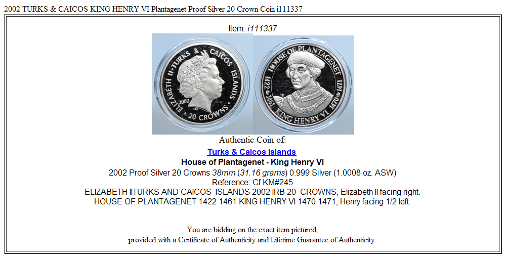 2002 TURKS & CAICOS KING HENRY VI Plantagenet Proof Silver 20 Crown Coin i111337