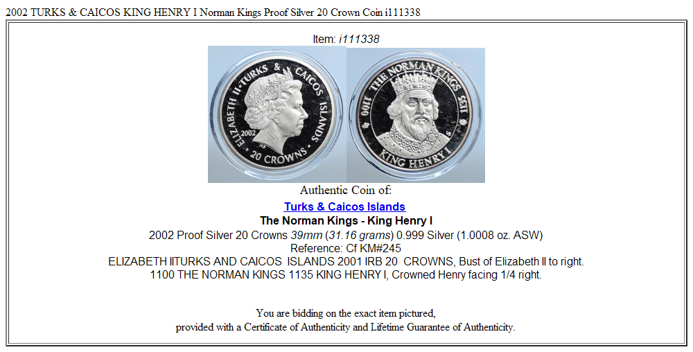 2002 TURKS & CAICOS KING HENRY I Norman Kings Proof Silver 20 Crown Coin i111338