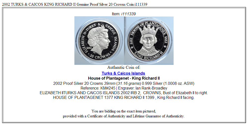 2002 TURKS & CAICOS KING RICHARD II Genuine Proof Silver 20 Crowns Coin i111339