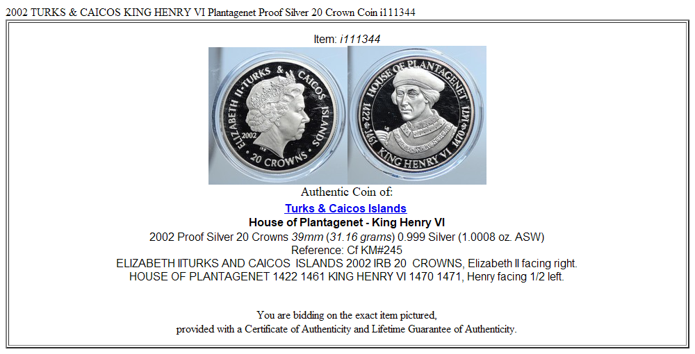 2002 TURKS & CAICOS KING HENRY VI Plantagenet Proof Silver 20 Crown Coin i111344