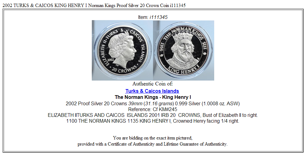 2002 TURKS & CAICOS KING HENRY I Norman Kings Proof Silver 20 Crown Coin i111345