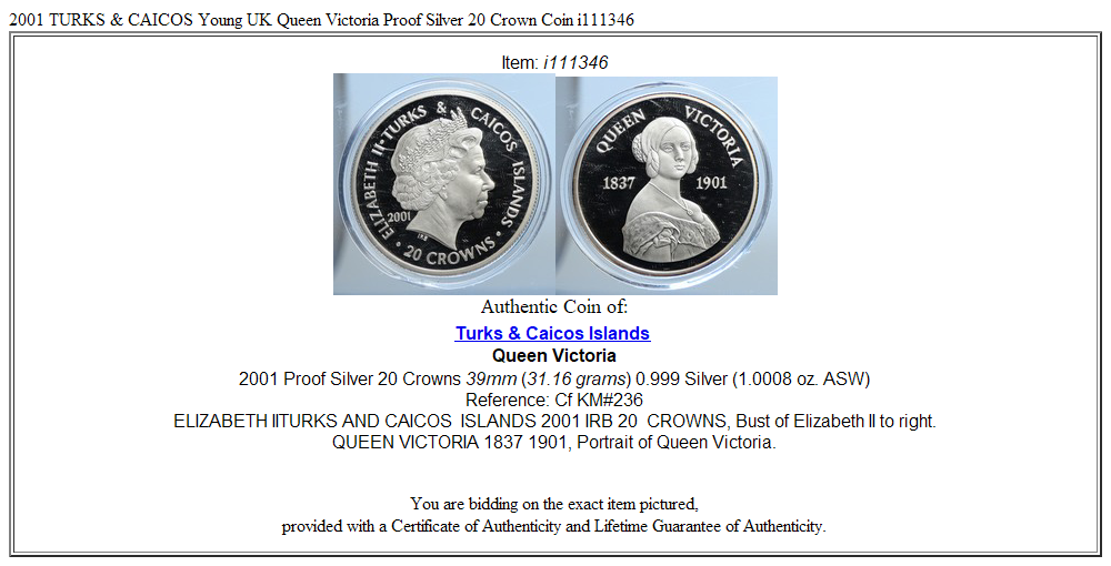 2001 TURKS & CAICOS Young UK Queen Victoria Proof Silver 20 Crown Coin i111346