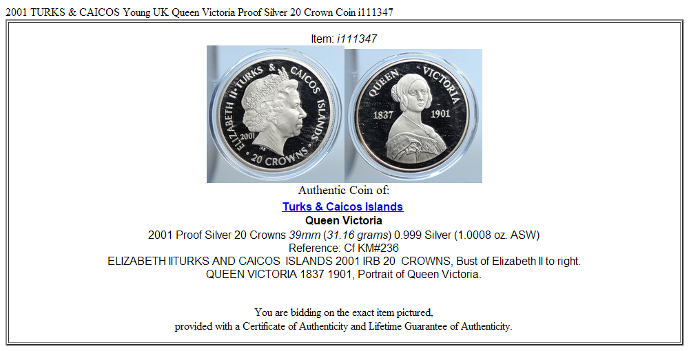 2001 TURKS & CAICOS Young UK Queen Victoria Proof Silver 20 Crown Coin i111347