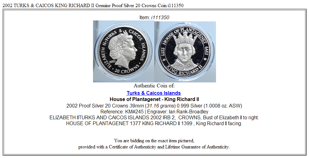 2002 TURKS & CAICOS KING RICHARD II Genuine Proof Silver 20 Crowns Coin i111350