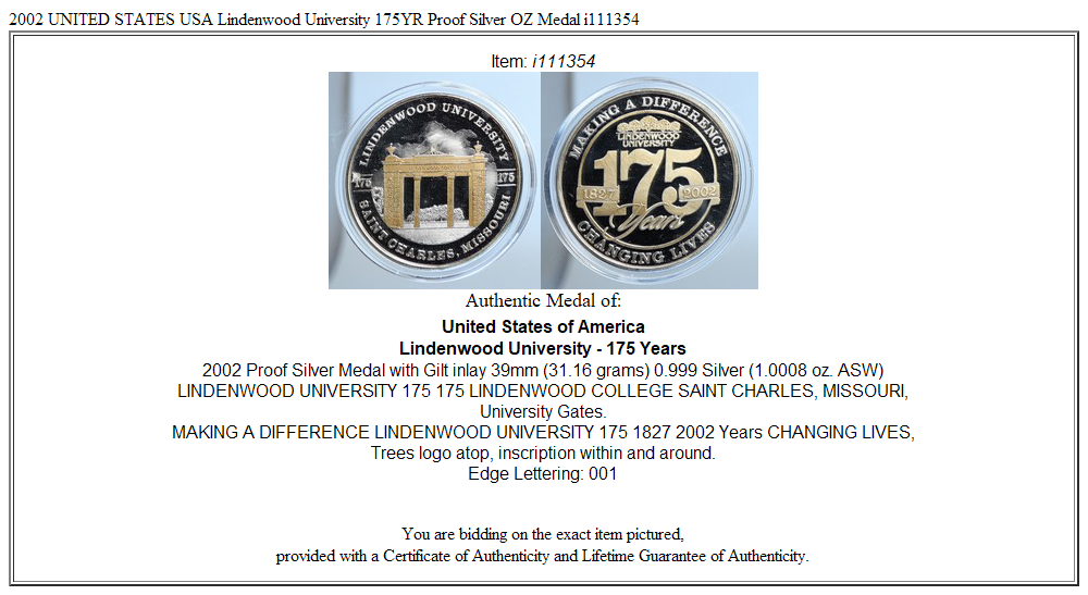 2002 UNITED STATES USA Lindenwood University 175YR Proof Silver OZ Medal i111354