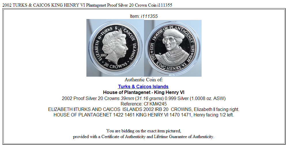 2002 TURKS & CAICOS KING HENRY VI Plantagenet Proof Silver 20 Crown Coin i111355