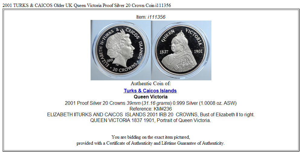 2001 TURKS & CAICOS Older UK Queen Victoria Proof Silver 20 Crown Coin i111356