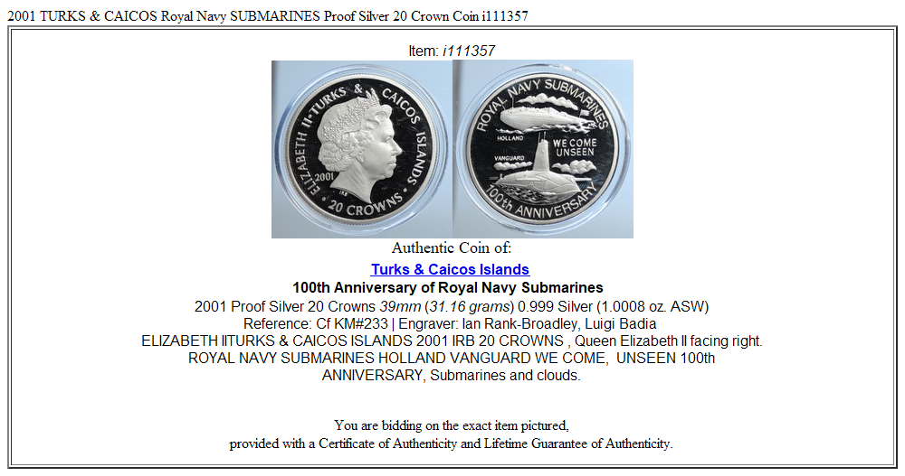 2001 TURKS & CAICOS Royal Navy SUBMARINES Proof Silver 20 Crown Coin i111357