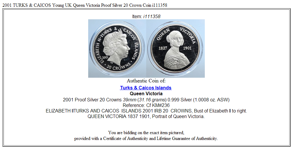 2001 TURKS & CAICOS Young UK Queen Victoria Proof Silver 20 Crown Coin i111358