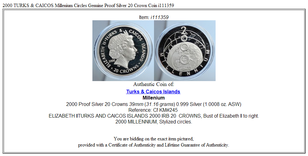 2000 TURKS & CAICOS Millenium Circles Genuine Proof Silver 20 Crown Coin i111359