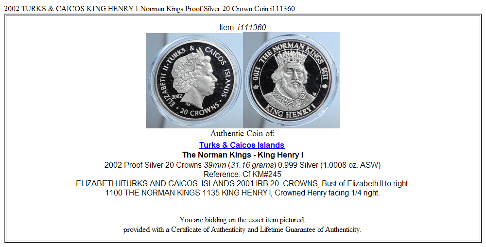 2002 TURKS & CAICOS KING HENRY I Norman Kings Proof Silver 20 Crown Coin i111360