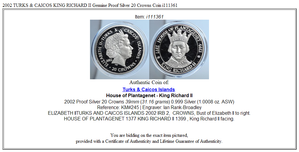 2002 TURKS & CAICOS KING RICHARD II Genuine Proof Silver 20 Crowns Coin i111361