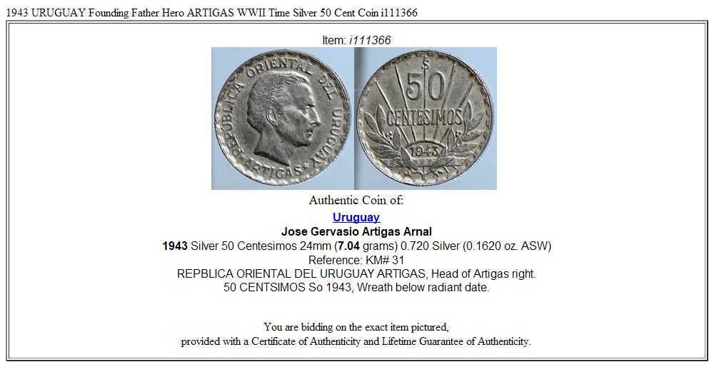 1943 URUGUAY Founding Father Hero ARTIGAS WWII Time Silver 50 Cent Coin i111366