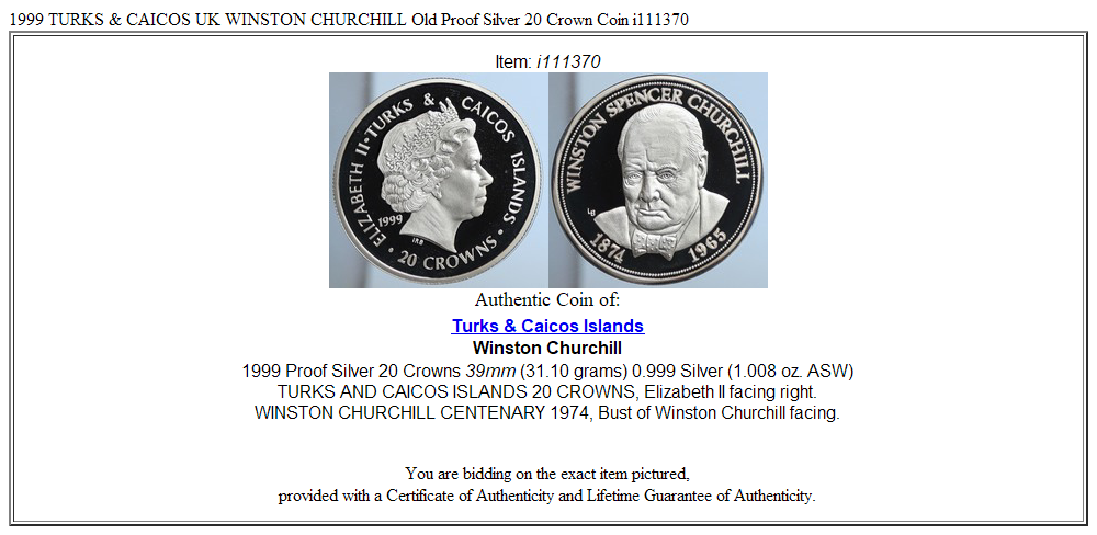 1999 TURKS & CAICOS UK WINSTON CHURCHILL Old Proof Silver 20 Crown Coin i111370