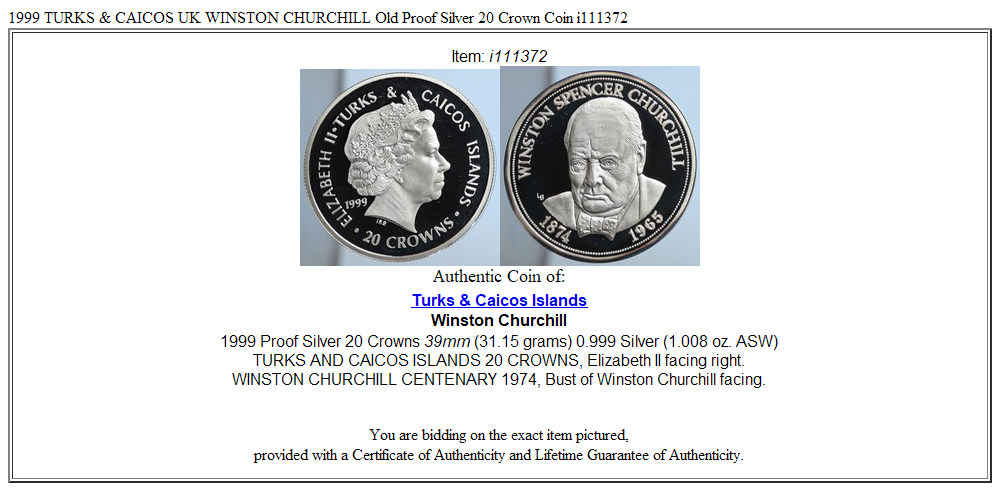 1999 TURKS & CAICOS UK WINSTON CHURCHILL Old Proof Silver 20 Crown Coin i111372