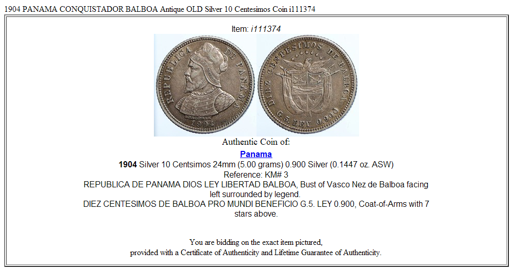 1904 PANAMA CONQUISTADOR BALBOA Antique OLD Silver 10 Centesimos Coin i111374