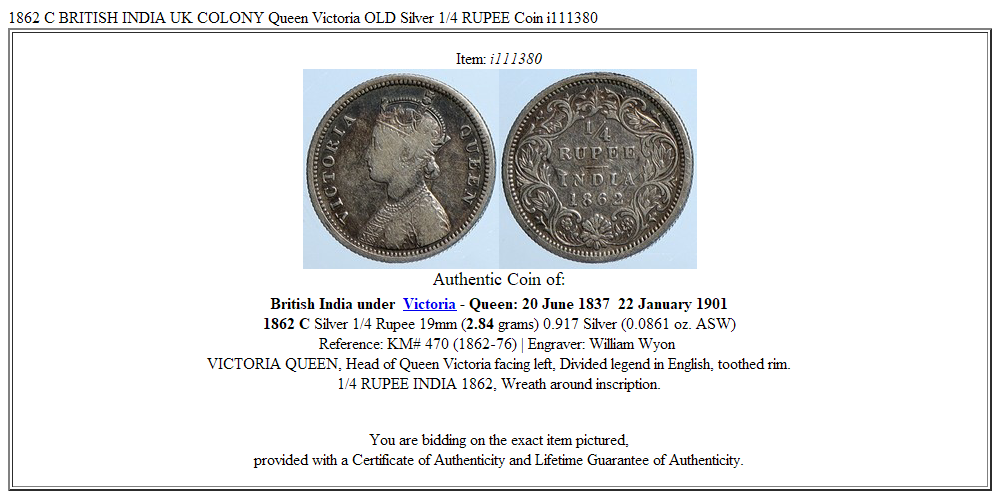 1862 C BRITISH INDIA UK COLONY Queen Victoria OLD Silver 1/4 RUPEE Coin i111380