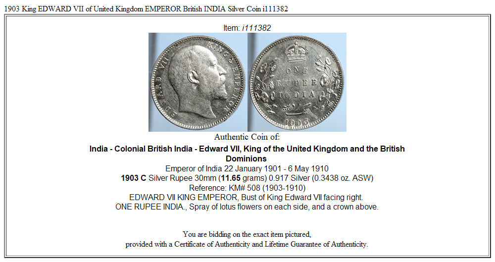 1903 King EDWARD VII of United Kingdom EMPEROR British INDIA Silver Coin i111382